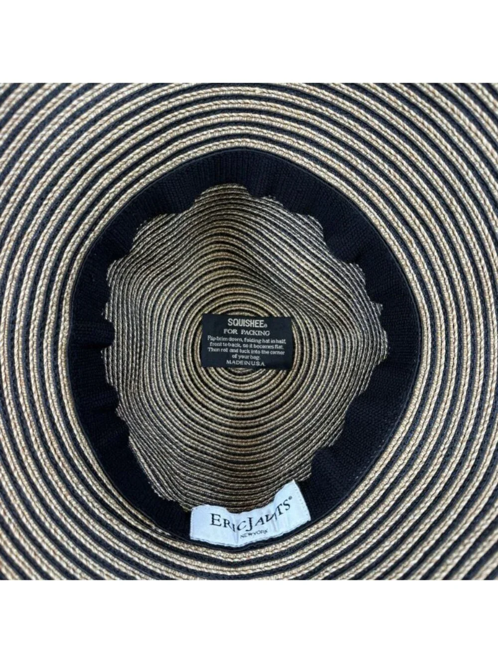 Eric Javits Squishee Sun Hat Black/Tan Neutral Floppy Straw UPF 50+ Packable OS - Picture 7 of 10